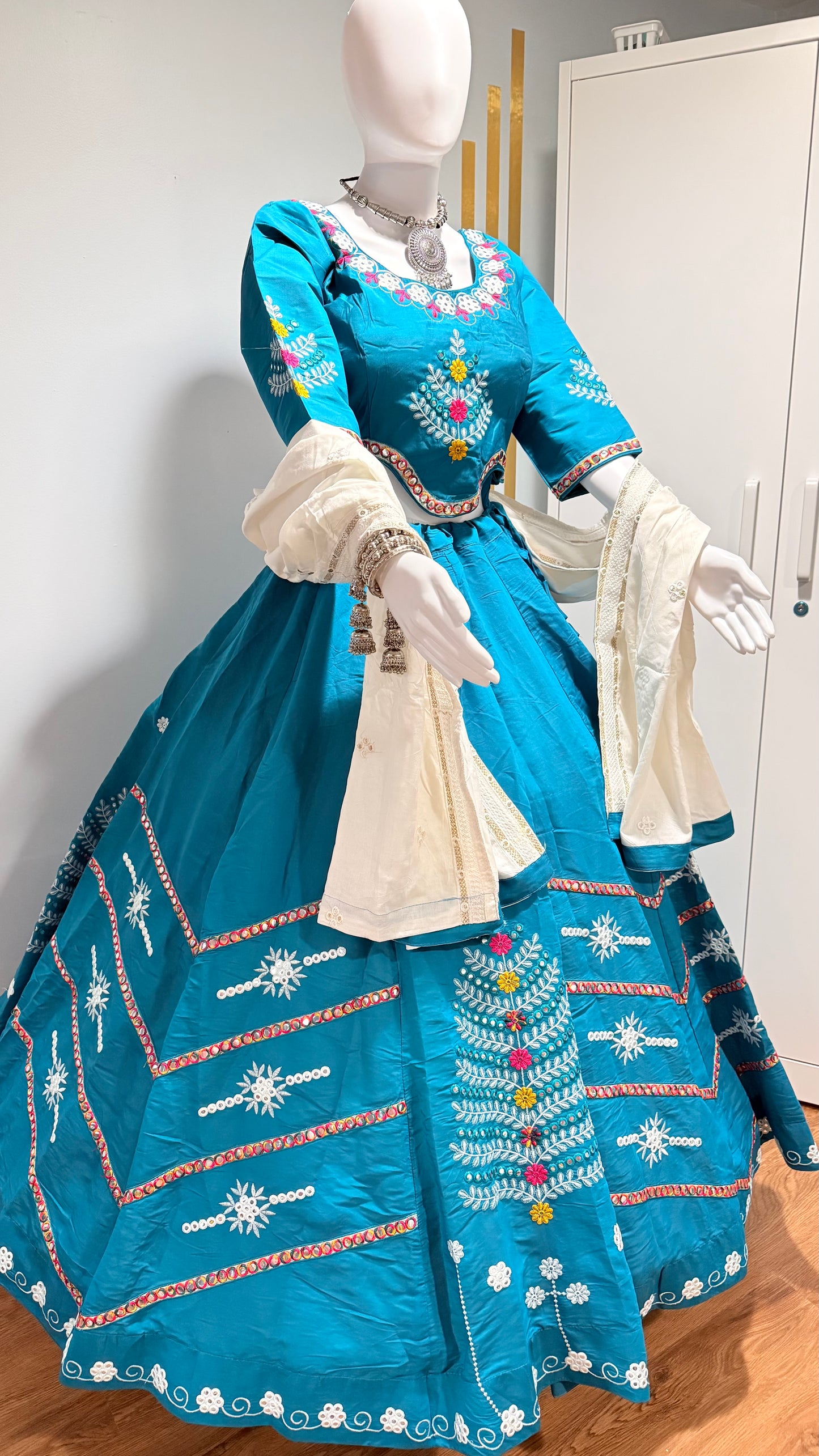 Teal Blue Embroidered Chaniya Choli – 6 Meter Flair
