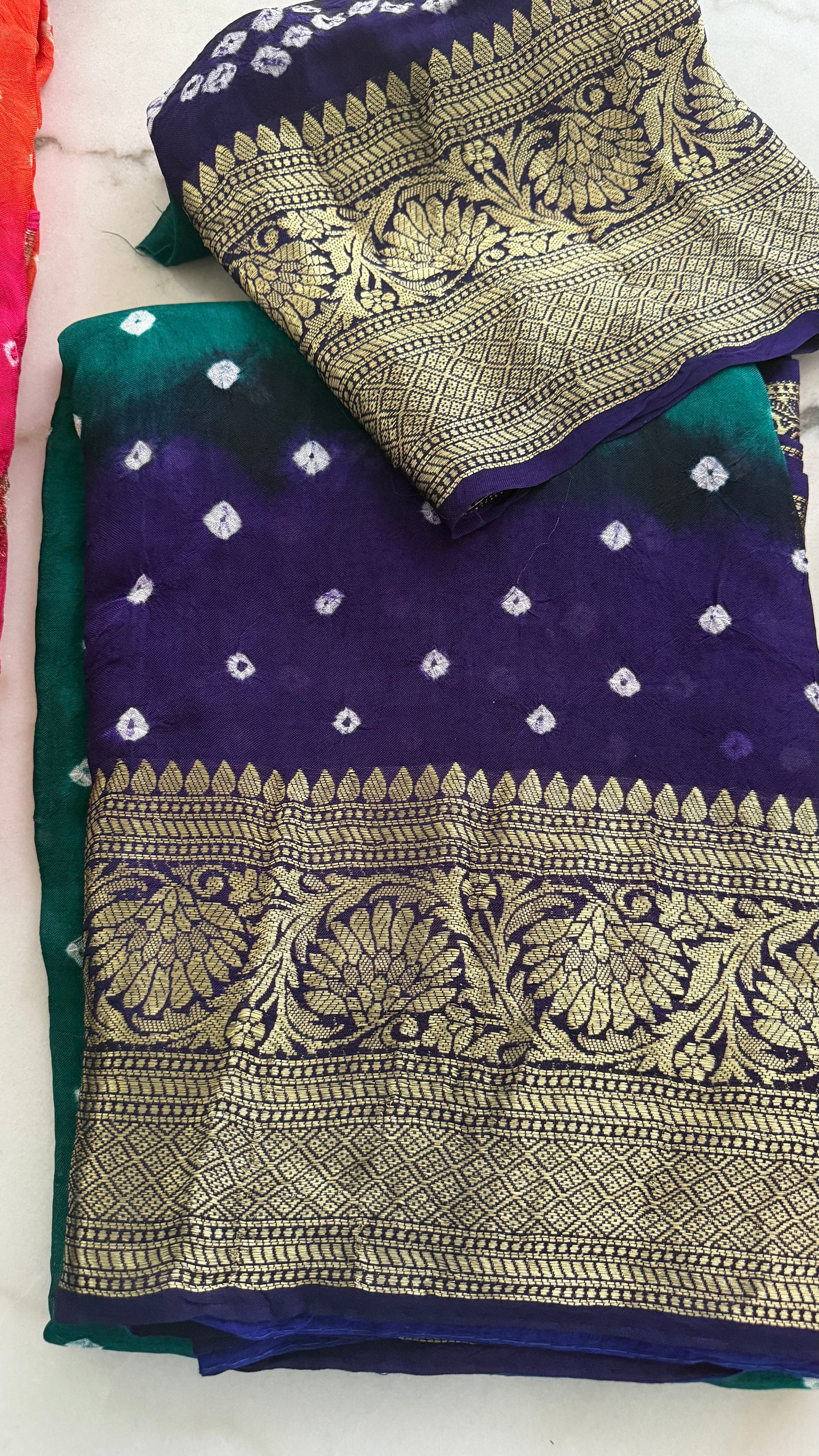 Multi color hand bandhej bandhani saree with Rich zari weaving work