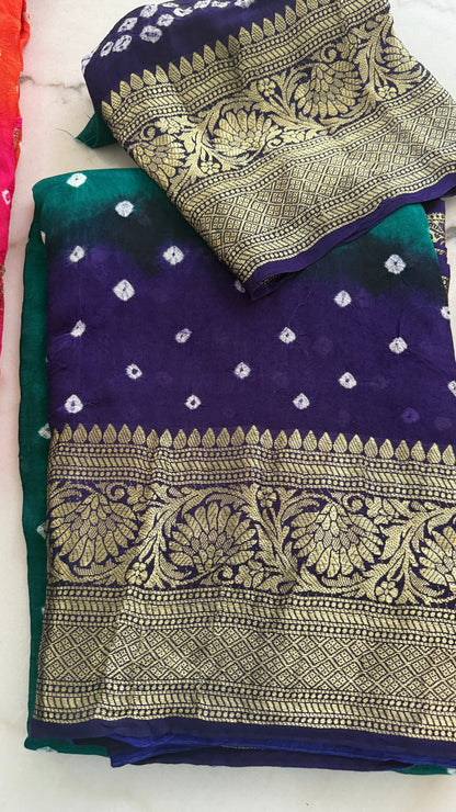 Multi color hand bandhej bandhani saree with Rich zari weaving work