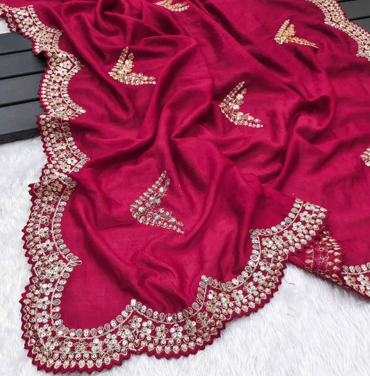 Cherry Red Vichitra Saree with Sequin & Cutwork Embroidery ✨