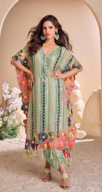 Dhoti Suit, Kaftan Style Suit, Crepe Silk, Pista Green, Mehendi Outfit, Haldi Wear, Tassel Suit, Designer Suit, Summer Festive Wear, Embroidered Suit