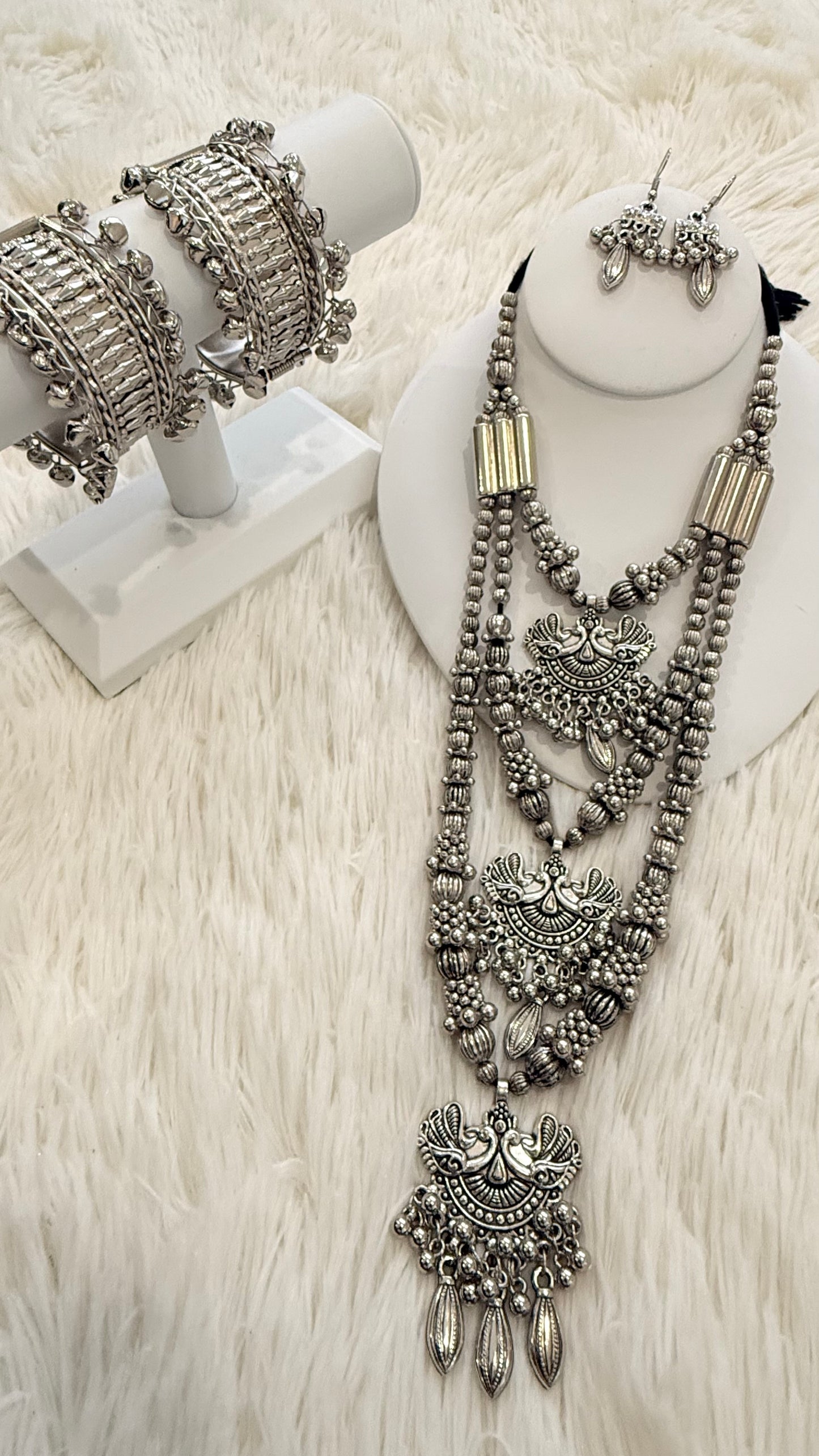 German Silver Peacock Necklace Set with 2 Bangles – Ethnic Jewelry