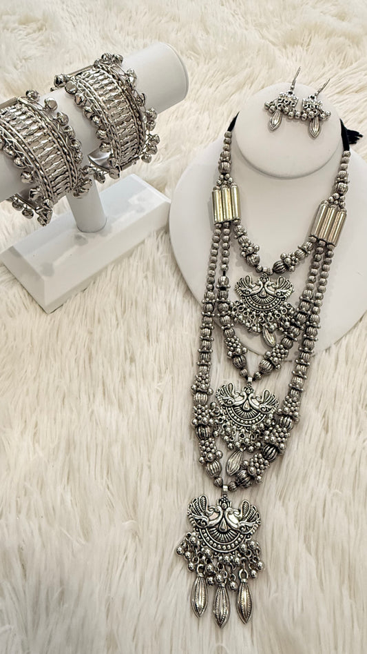 German Silver Peacock Necklace Set with 2 Bangles – Ethnic Jewelry