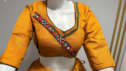 mustard rayon cotton chaniya choli & black dupatta