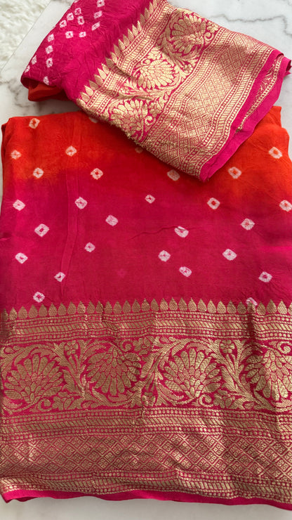 Multi color hand bandhej bandhani saree with Rich zari weaving work