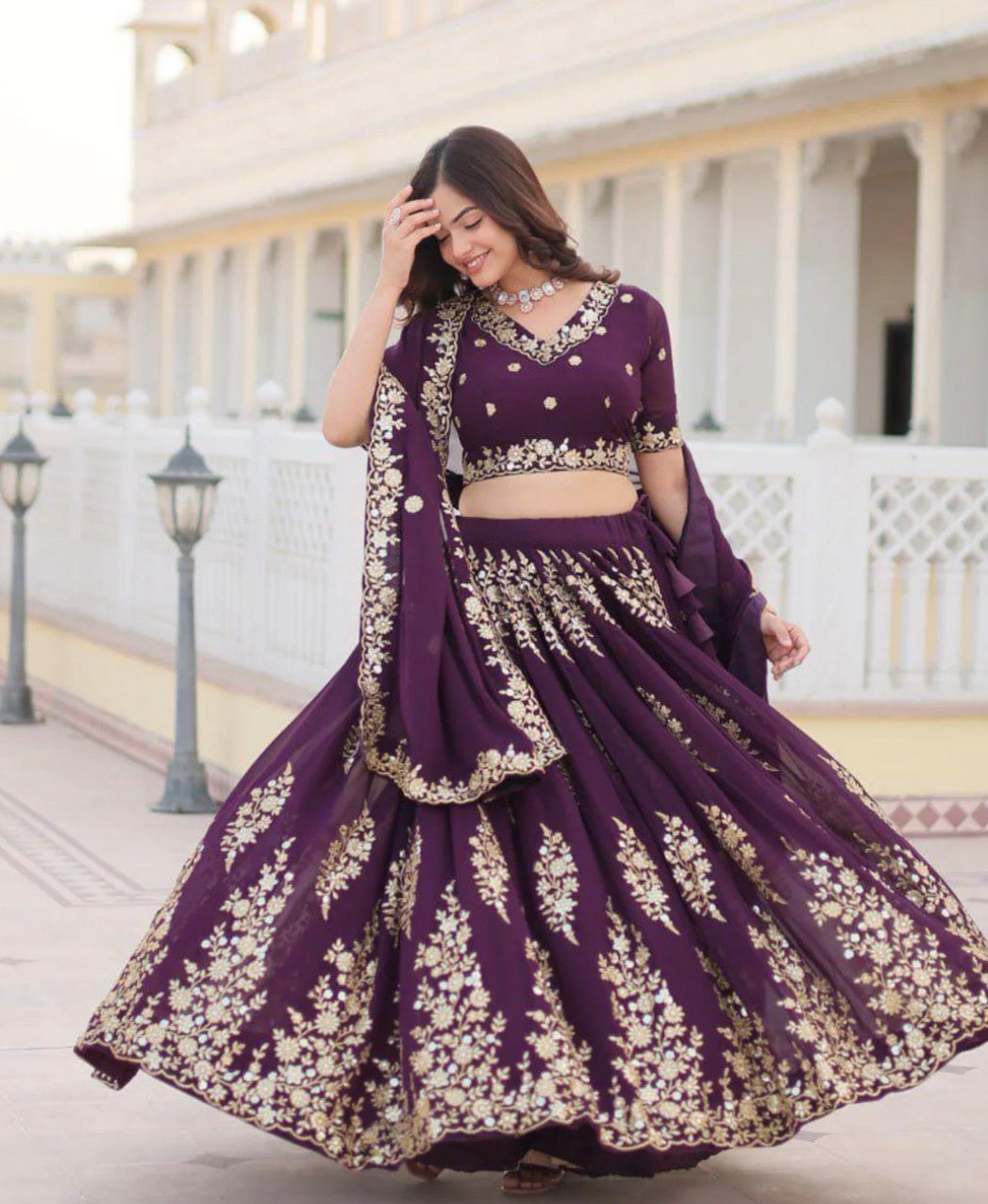 Party Wear Regal Plum Purple Embroidered Lehenga Set with Dupatta