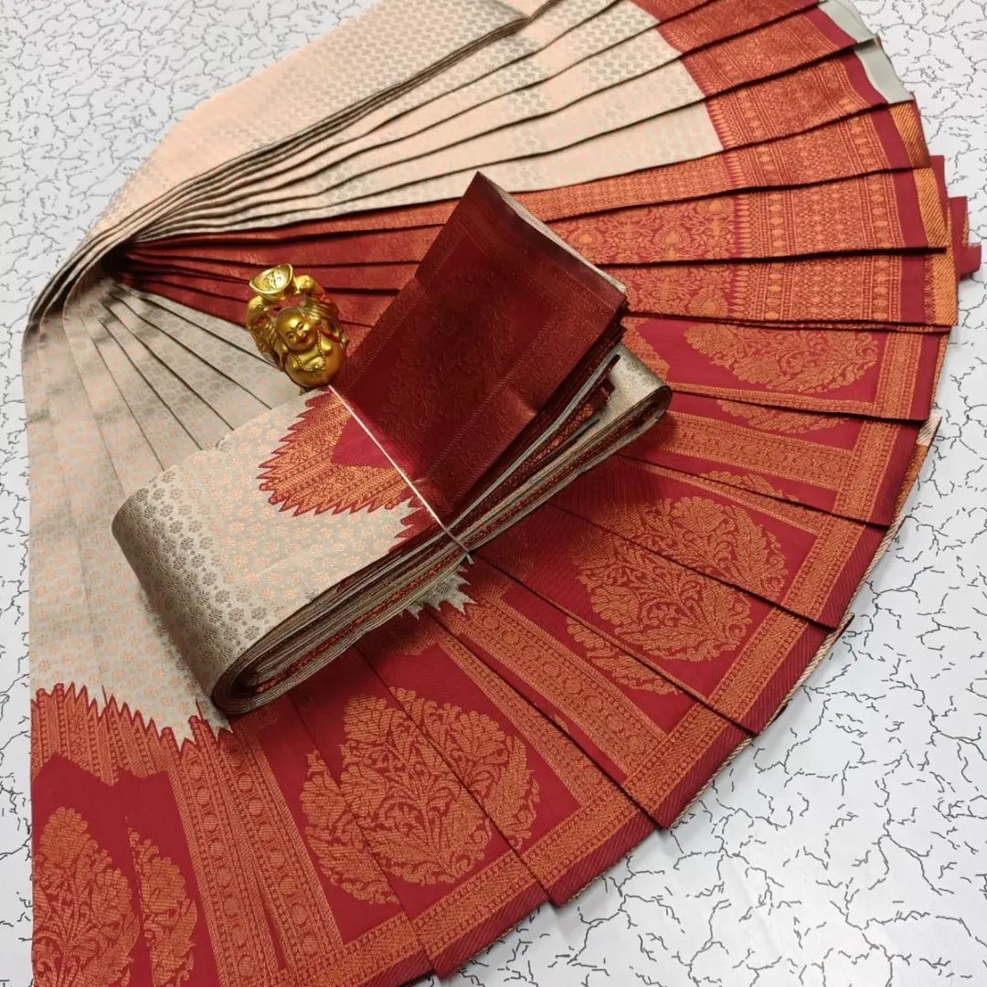 Red & Beige and Yellow & Green Kanchipuram Semi-Silk Saree with Paisley Zari Work | The Enhanced Beauty USA