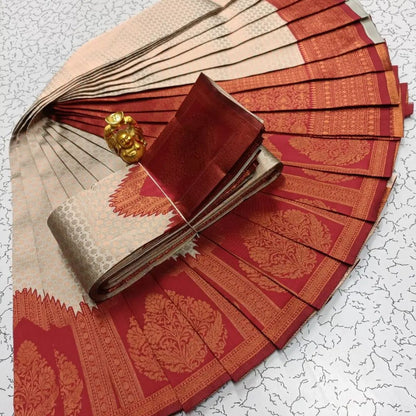 Red & Beige and Yellow & Green Kanchipuram Semi-Silk Saree with Paisley Zari Work | The Enhanced Beauty USA