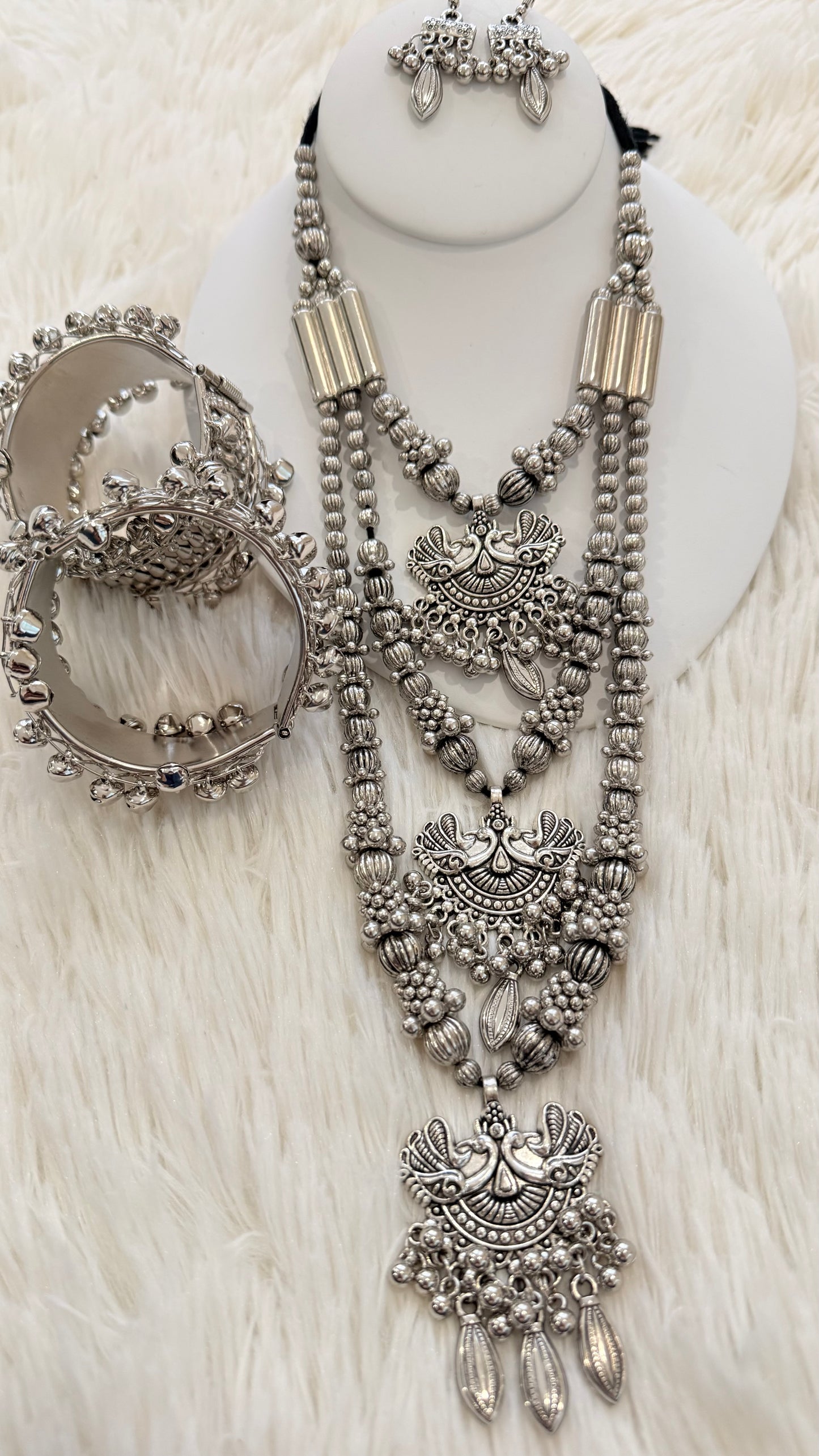 German Silver Peacock Necklace Set with 2 Bangles – Ethnic Jewelry