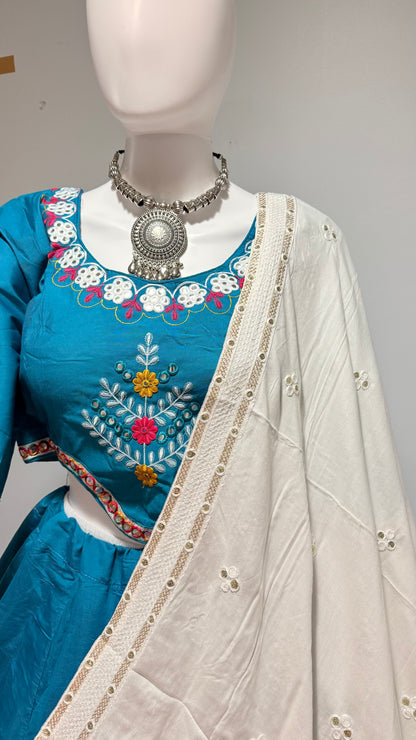 Teal Blue Embroidered Chaniya Choli – 6 Meter Flair