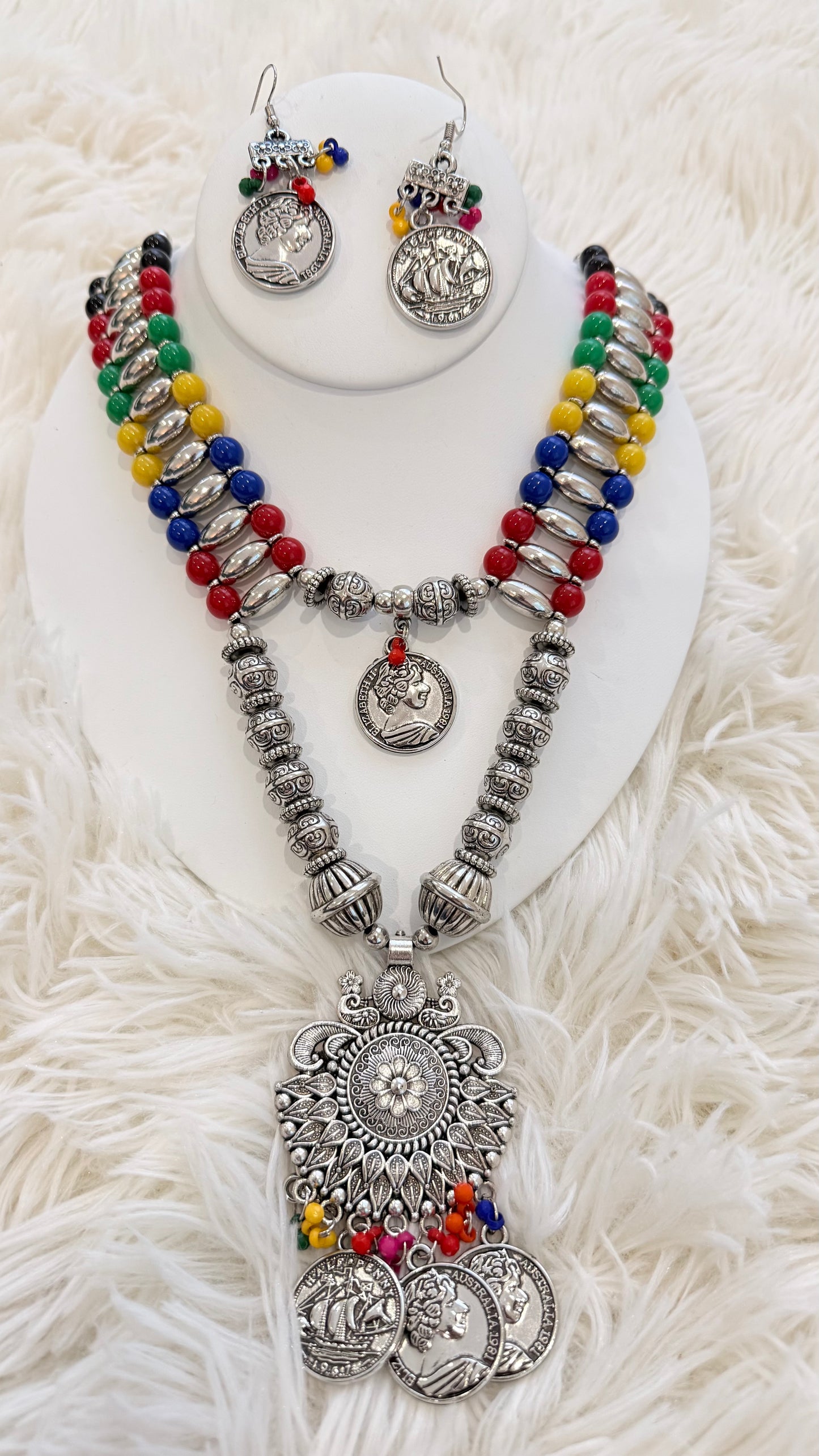 Oxidized Silver Coin Necklace Set | Colorful Beaded Tribal Jewelry
