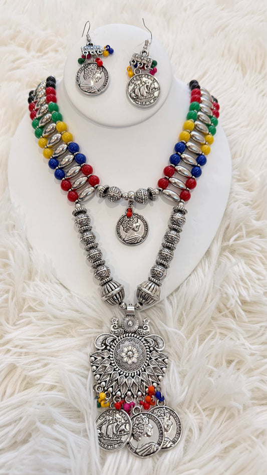 Oxidized Silver Coin Necklace Set | Colorful Beaded Tribal Jewelry