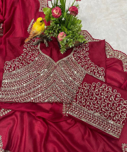 Cherry Red Vichitra Saree with Sequin & Cutwork Embroidery ✨