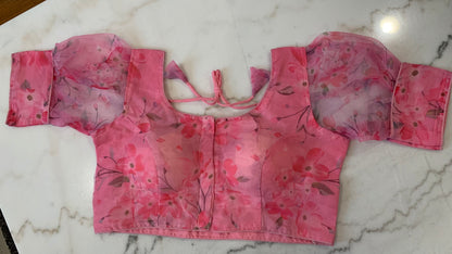 Organza Puff Sleeve Saree Blouse – Padded Back Hook Design (Available in Yellow, Blue, Pink & More)