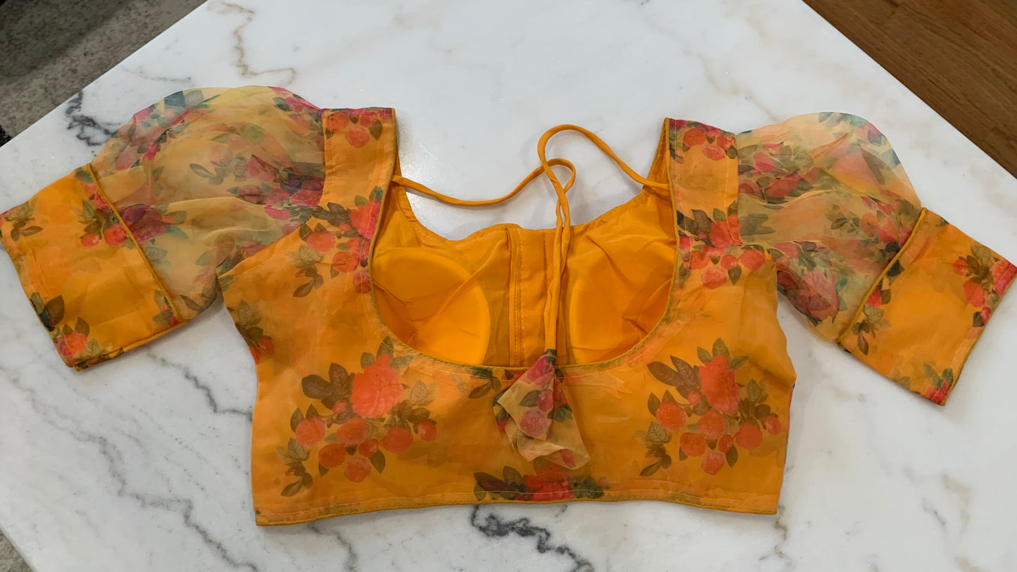 Organza Puff Sleeve Saree Blouse – Padded Back Hook Design (Available in Yellow, Blue, Pink & More)
