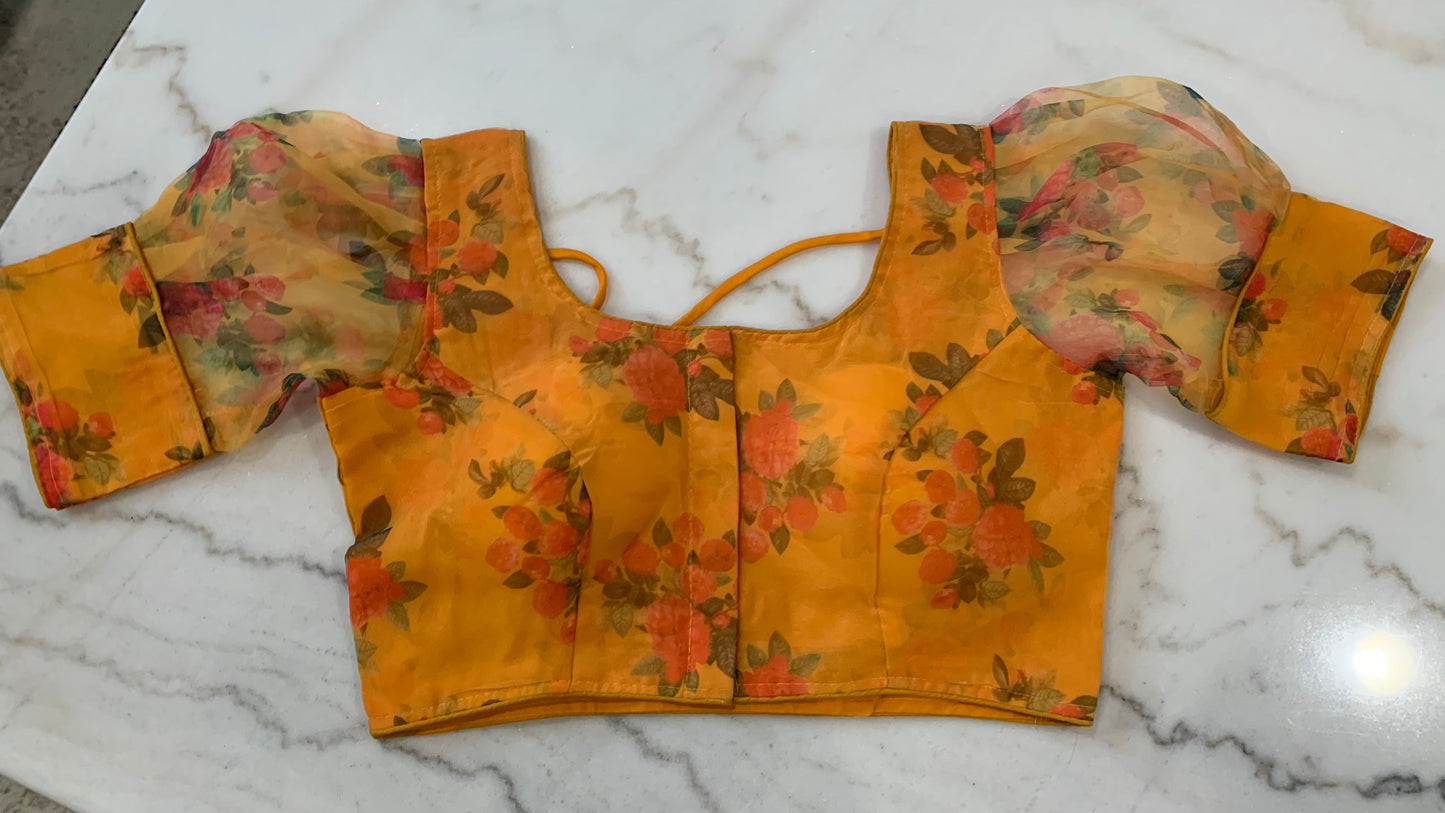 Organza Puff Sleeve Saree Blouse – Padded Back Hook Design (Available in Yellow, Blue, Pink & More)