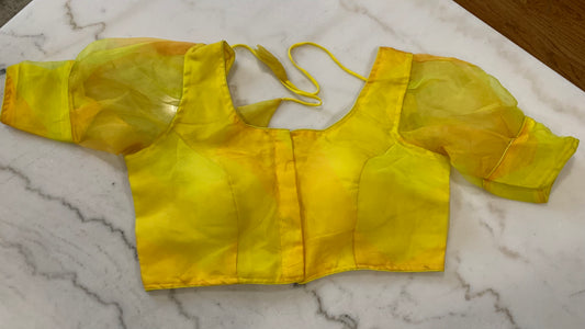Organza Puff Sleeve Saree Blouse – Padded Back Hook Design (Available in Yellow, Blue, Pink & More)