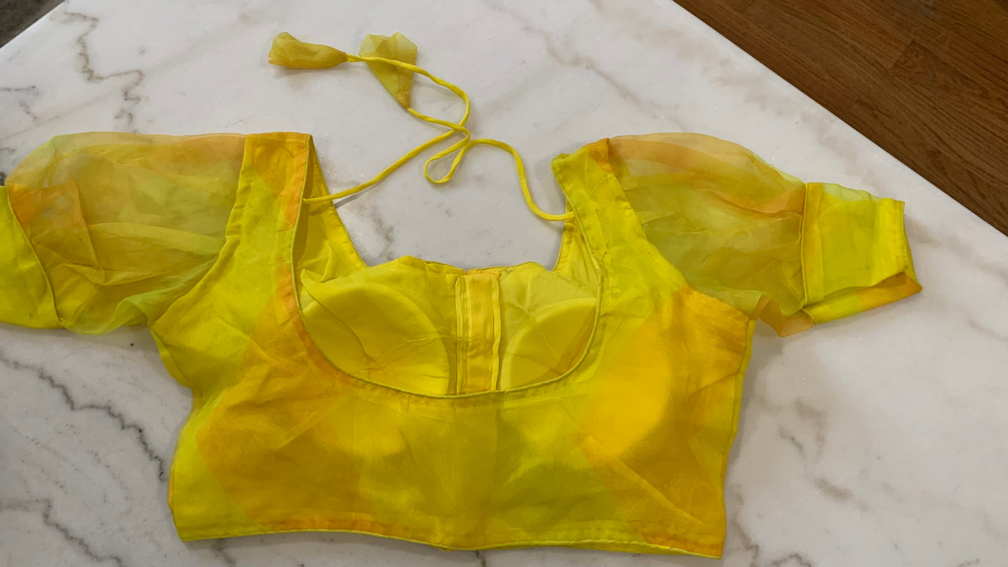 Organza Puff Sleeve Saree Blouse – Padded Back Hook Design (Available in Yellow, Blue, Pink & More)