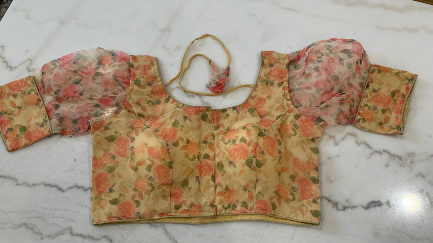 Organza Puff Sleeve Saree Blouse – Padded Back Hook Design (Available in Yellow, Blue, Pink & More)