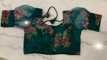 Organza Puff Sleeve Saree Blouse – Padded Back Hook Design (Available in Yellow, Blue, Pink & More)
