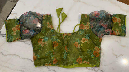 Organza Puff Sleeve Saree Blouse – Padded Back Hook Design (Available in Yellow, Blue, Pink & More)