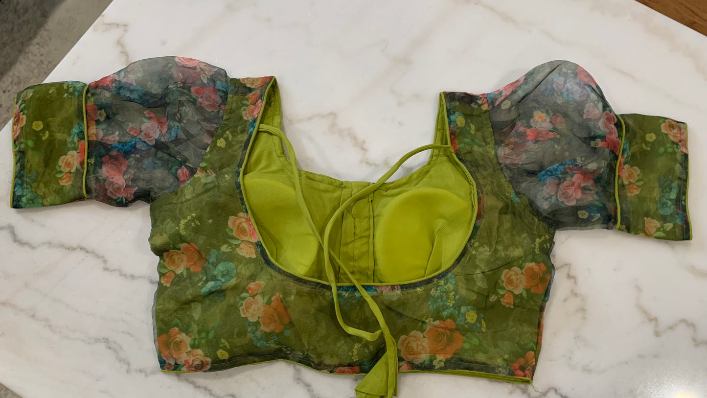 Organza Puff Sleeve Saree Blouse – Padded Back Hook Design (Available in Yellow, Blue, Pink & More)