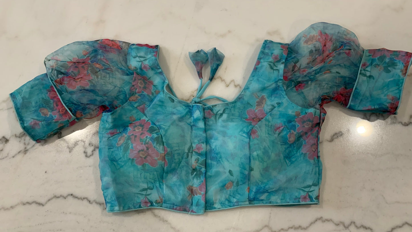 Organza Puff Sleeve Saree Blouse – Padded Back Hook Design (Available in Yellow, Blue, Pink & More)