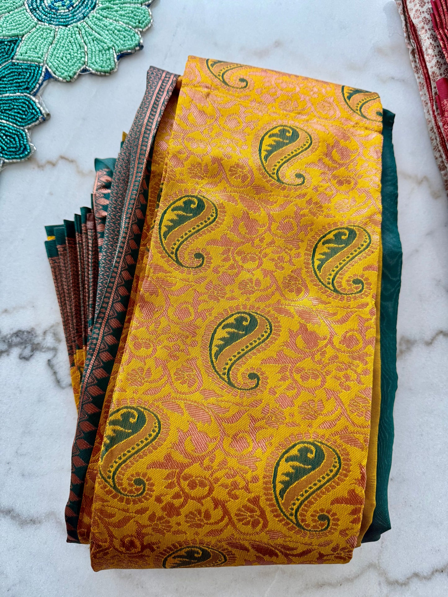 Red & Beige and Yellow & Green Kanchipuram Semi-Silk Saree with Paisley Zari Work | The Enhanced Beauty USA