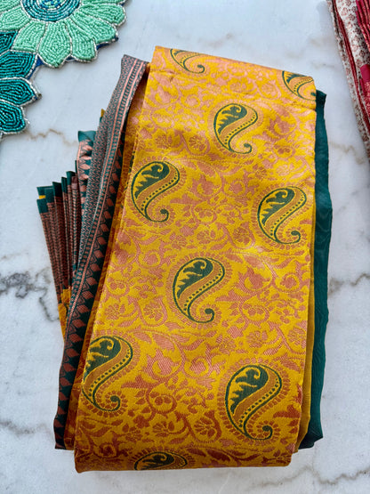 Red & Beige and Yellow & Green Kanchipuram Semi-Silk Saree with Paisley Zari Work | The Enhanced Beauty USA