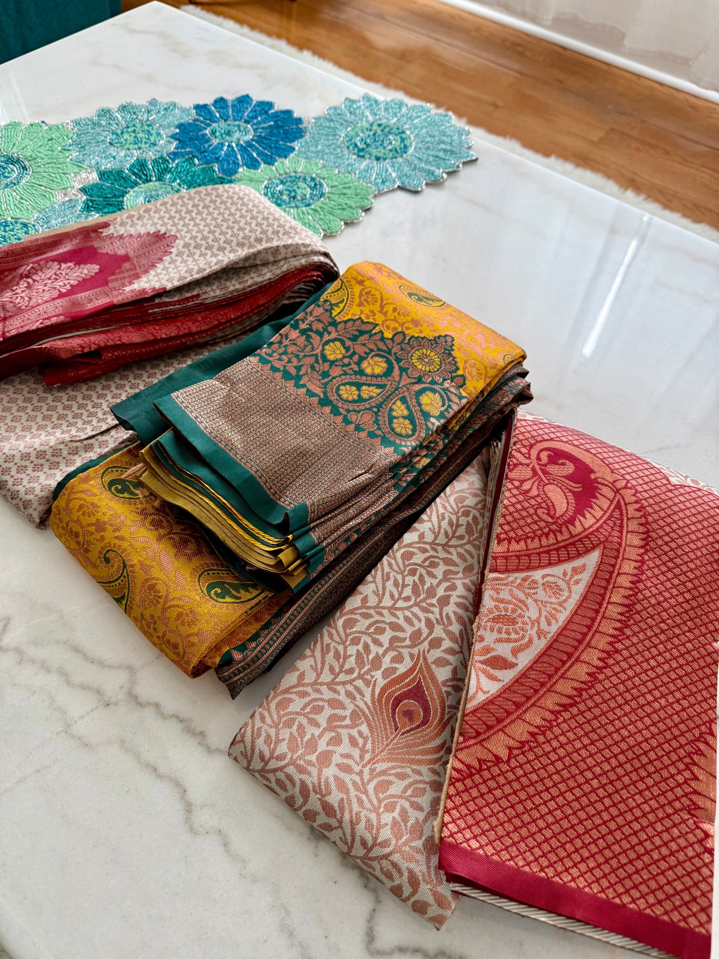 Red & Beige and Yellow & Green Kanchipuram Semi-Silk Saree with Paisley Zari Work | The Enhanced Beauty USA