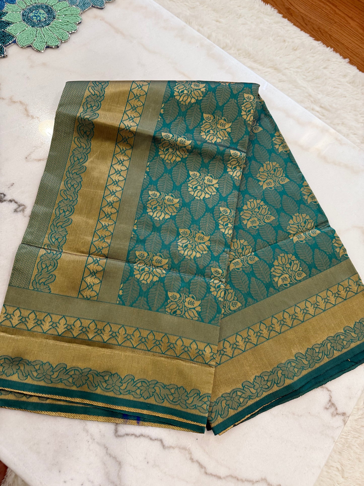 Kanjivaram Silk Saree – Blue, Green & Gold Elegance