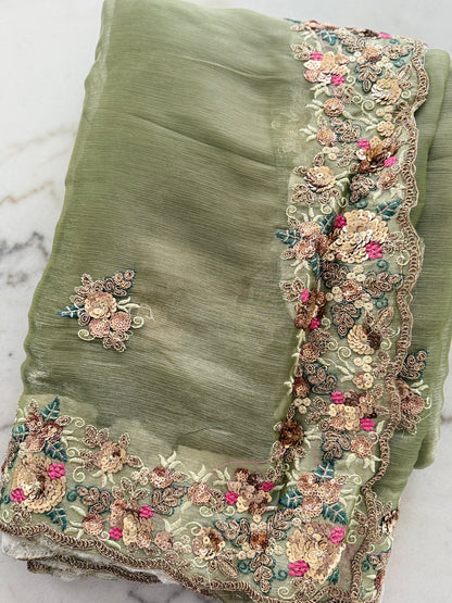 Designer Embroidered & Sequin Work Organza Saree with Contrast Blouse Piece