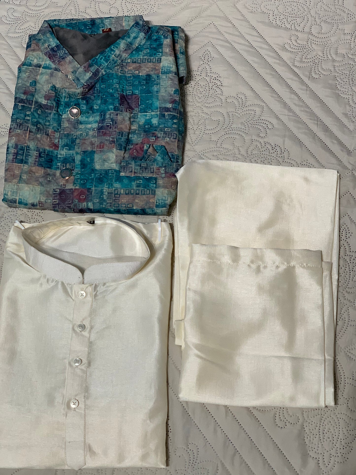 Men’s Cream Kurta Pajama Set with Multicolor Nehru Jacket – Festive & Wedding Wear