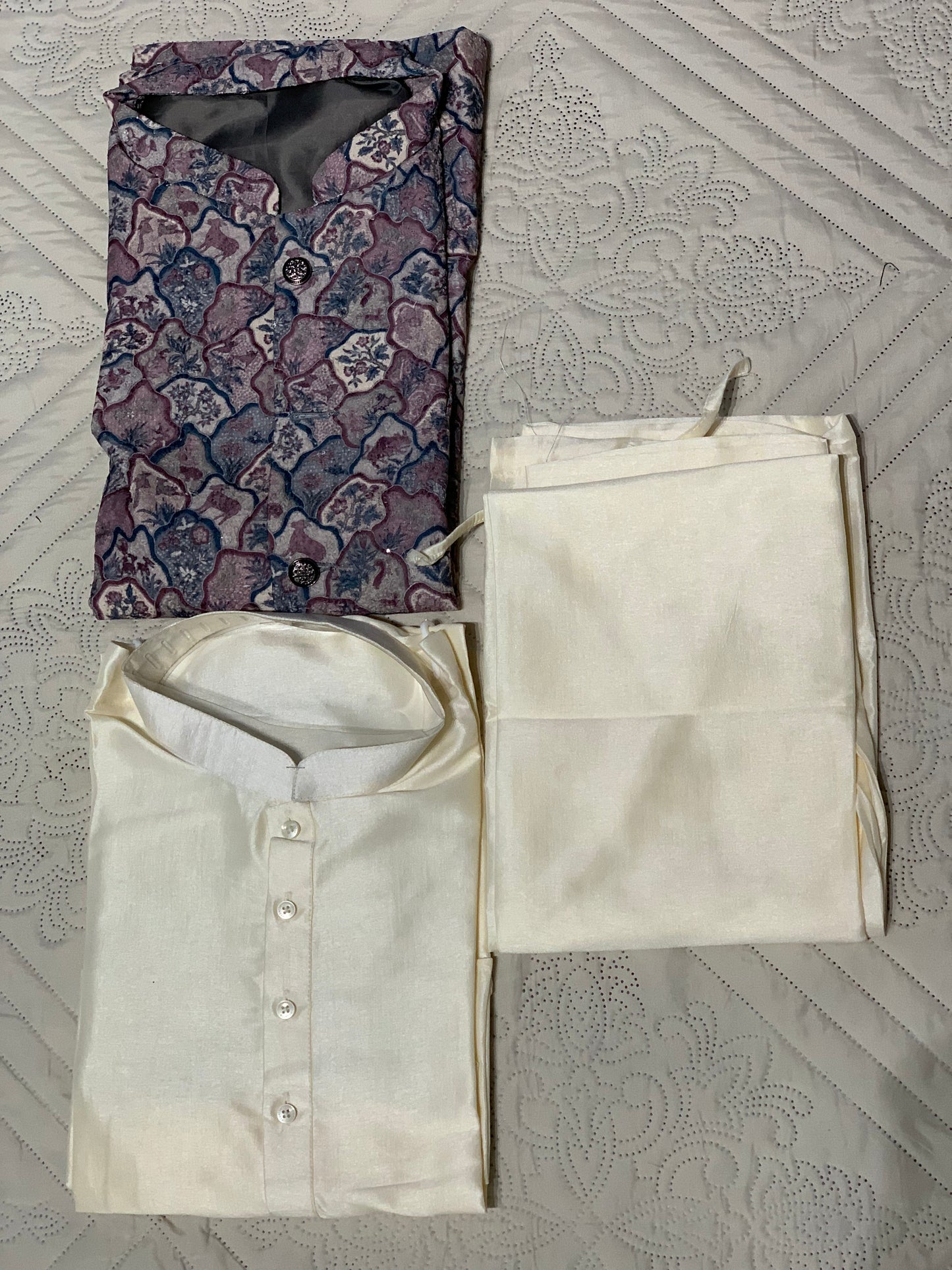 Men’s Cream Kurta Pajama Set with Multicolor Nehru Jacket – Festive & Wedding Wear