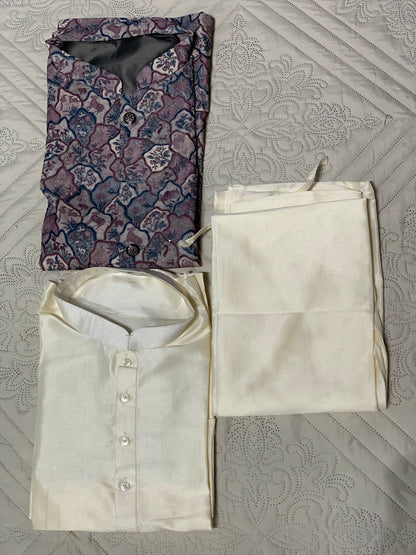 Men’s Cream Kurta Pajama Set with Multicolor Nehru Jacket – Festive & Wedding Wear