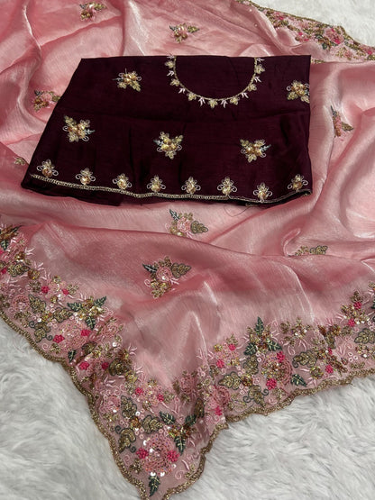 Designer Embroidered & Sequin Work Organza Saree with Contrast Blouse Piece