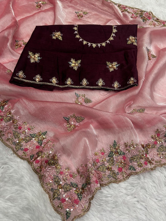 Designer Embroidered & Sequin Work Organza Saree with Contrast Blouse Piece