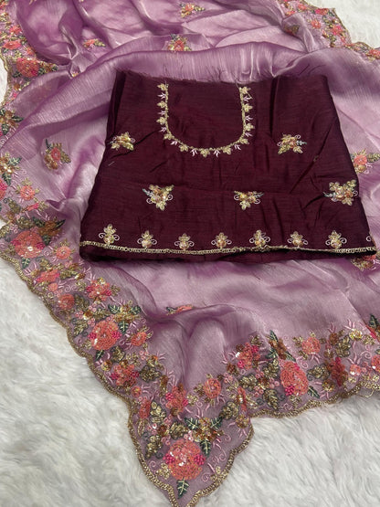 Designer Embroidered & Sequin Work Organza Saree with Contrast Blouse Piece
