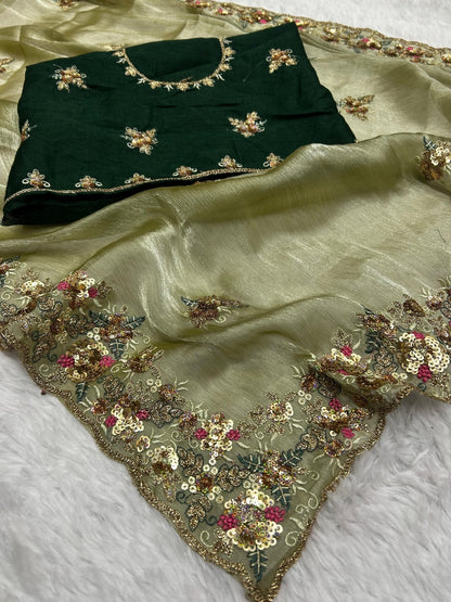Designer Embroidered & Sequin Work Organza Saree with Contrast Blouse Piece