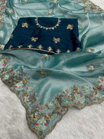 Designer Embroidered & Sequin Work Organza Saree with Contrast Blouse Piece