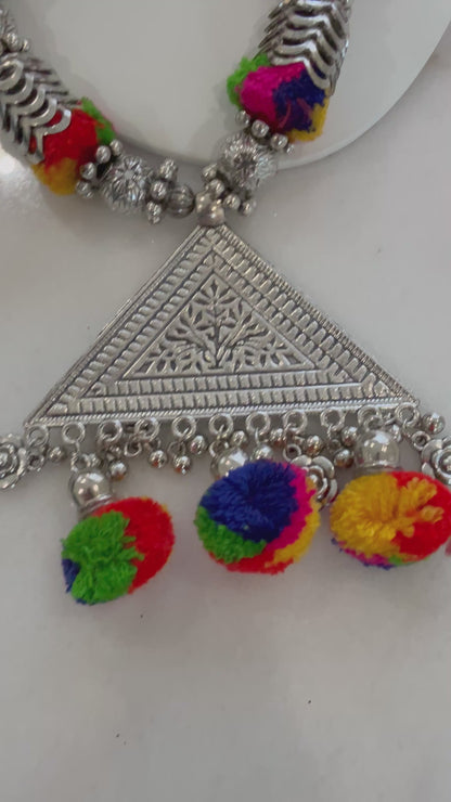 Banjara Necklace & Earrings Set – Pom-Pom Floral Beads | Navratri