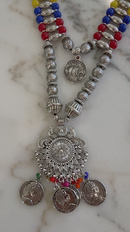 Oxidized Silver Coin Necklace Set | Colorful Beaded Tribal Jewelry