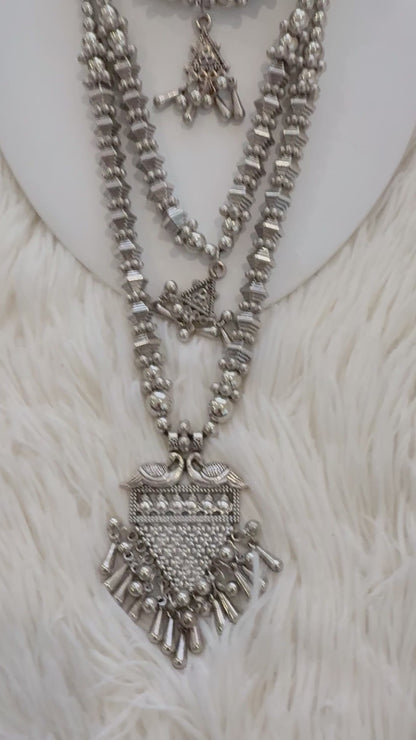 Elegant Oxidized Triple Layer Long Necklace Set – Premium Indian Jewelry